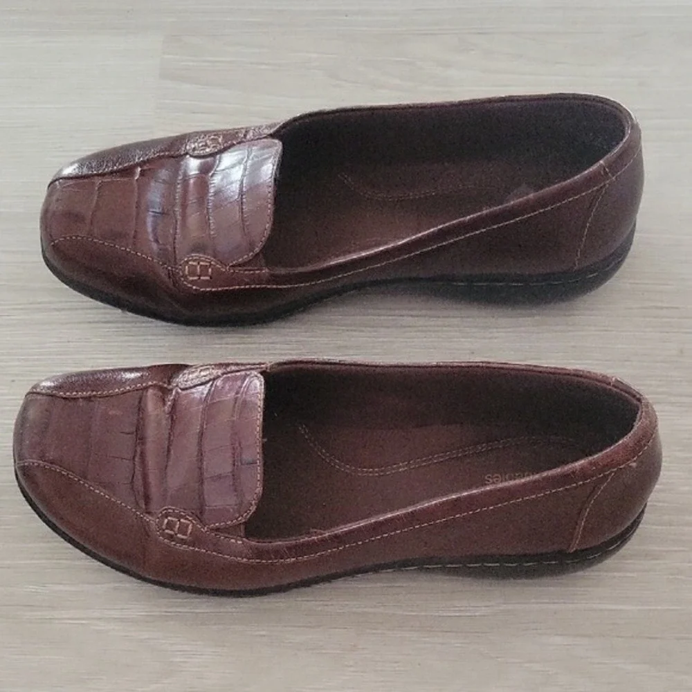 Clarks bendable Loafers Brown Leather Crocodile Embossed Slip On Comfort Shoes 8